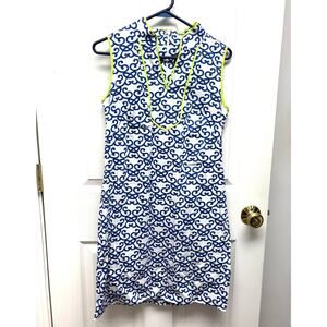 Vince Camuto White Blue Sleeveless A-Line, Lime Green Trim, Women's Size 8